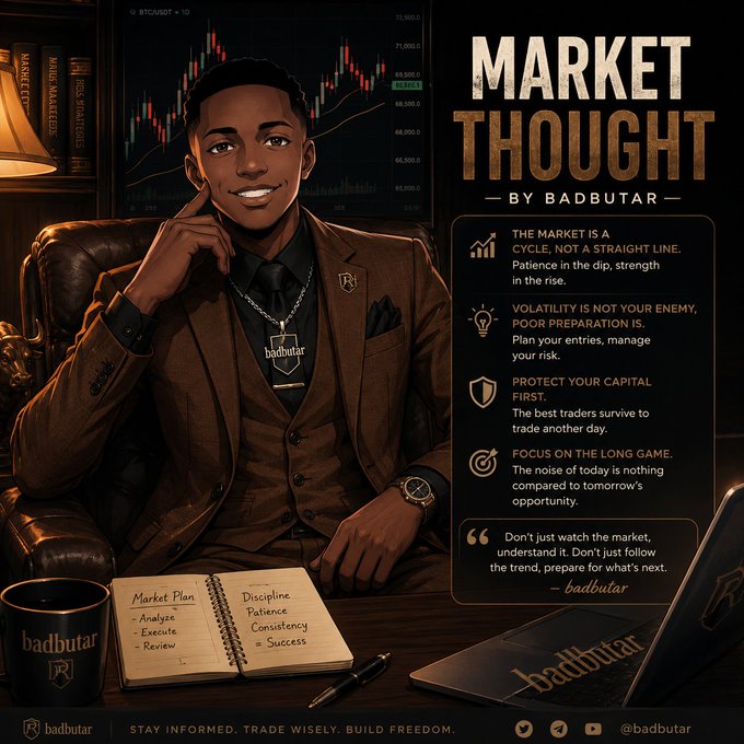 A digital illustration titled 'MARKET THOUGHT by badbutar' features a smiling young man in a brown suit sitting in a leather chair beside a Bitcoin/USD chart, with a notebook showing 'Market Plan: Analyze, Execute, Review' and 'Discipline, Patience, Consistency = Success', alongside trading philosophy text emphasizing capital protection and long-term focus.