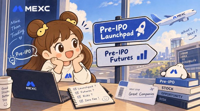 An anime-style illustration for MEXC features a cheerful girl with a laptop and a notebook checklist, with directional signs pointing to "Pre-IPO Launchpad" and "Pre-IPO Futures," alongside an airplane labeled "MEXC."