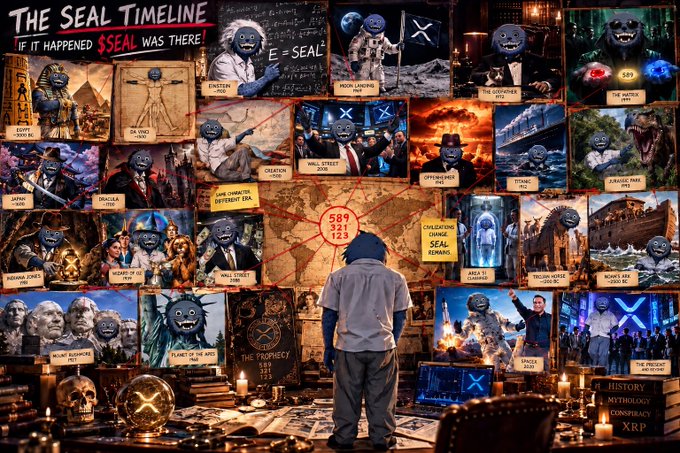 A chaotic conspiracy-style illustration titled 'The SEAL Timeline - If It Happened, $SEAL Was There' features a man viewing a wall of interconnected historical events, memes, and crypto references, with the $SEAL token logo and tags like '#XRP', 'CRYPTOCURRENCY', and 'HISTORY' at the bottom.