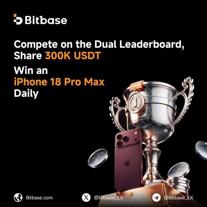 The image is a Bitbase promotional graphic featuring a silver trophy alongside an iPhone (labeled as "iPhone 18 Pro Max" in the text) and scattered coins, set against a black background. The text announces a September trading competition with a 300K USDT prize pool and daily iPhone 18 Pro Max giveaways, aligning with the post's call to action to join via Bitbase's leaderboard competition.