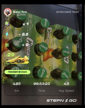 The image shows a screenshot of a fitness app that tracks steps taken, calories burned, and distance traveled during a walk. The app displays the time spent walking at the top left corner and the number of steps taken at the bottom right corner. There are multiple green bottles on display in the middle area of the screen, which could be related to the fitness tracking feature or simply part of the app's interface design.