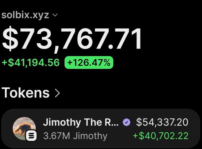 A cryptocurrency wallet screenshot showing the account "solbix.xyz" with a balance of $73,767.71 (+$41,194.56, +126.47%), featuring a token called "Jimothy The R..." worth $54,337.20.