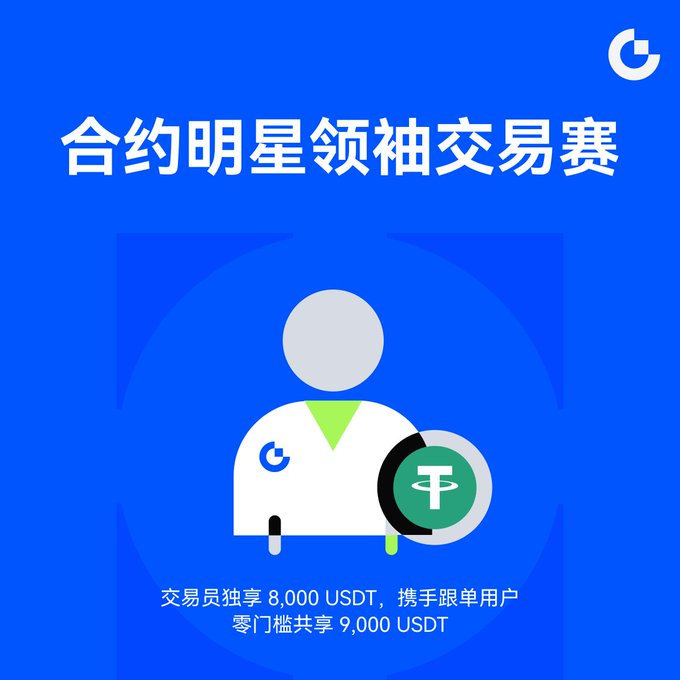 A blue promotional graphic in Chinese featuring a stylized person icon and USDT symbols, advertising a contract trading leader competition with a prize pool of 8,000-9,000 USDT.