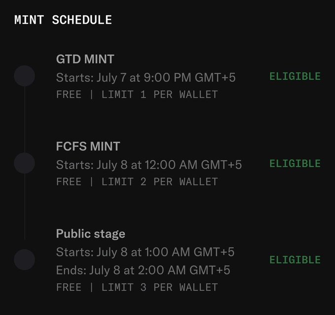A mint schedule graphic listing three phases: GTD Mint (July 7), FCFS Mint (July 8), and Public stage (July 8), all marked as ELIGIBLE.
