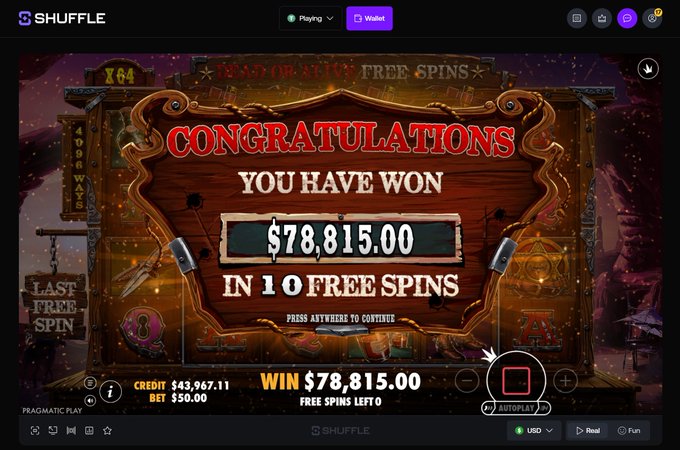 A "Dead or Alive" slot game win screen shows a $78,815 payout from 10 free spins on a $50 bet, matching the post from Pragmatic Play's "The Wild Gang" game on Shuffle.