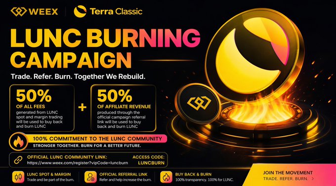 A promotional banner for a 'LUNC BURNING CAMPAIGN' by WEEX and Terra Classic, advertising 50% of all fees and 50% of affiliate revenue going to buy back and burn LUNC tokens.