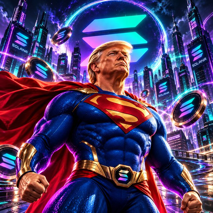 A digital illustration of Donald Trump depicted as Superman in a blue and red costume, surrounded by a futuristic cityscape and floating Solana cryptocurrency logos.