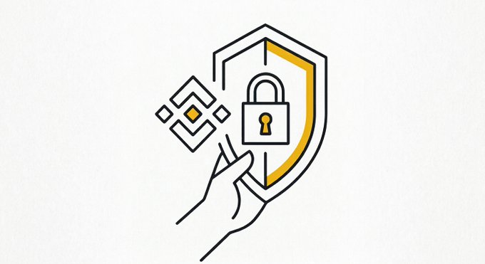 A line art illustration of a hand holding a shield with a padlock symbol and a Binance logo, representing crypto security.