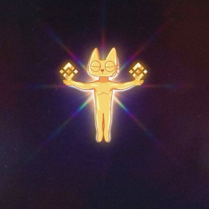 A glowing golden cartoon cat figure with outstretched arms holds pixelated diamond-shaped symbols, radiating colorful light beams against a dark background. The whimsical mascot appears to represent a meme cryptocurrency token, visually reinforcing the post's enthusiastic pitch about a moonshot altcoin potential.