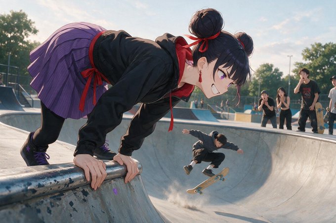 An anime-style illustration showing a girl with dark hair in buns, wearing a purple skirt and black hoodie, leaning over the edge of a skate ramp with a skateboarder performing a trick below her.