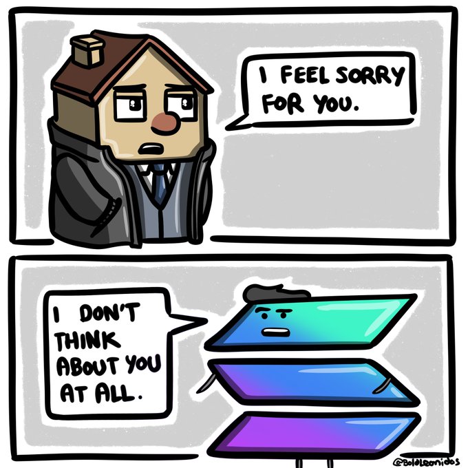 A comic shows a house-headed man in a suit saying "I feel sorry for you," to which a stack of blue and purple panels (resembling the Solana logo) wearing a beret responds, "I don't think about you at all." The image humorously captures Solana's indifference toward critics predicting its decline, aligning with the post about SOL going to zero.