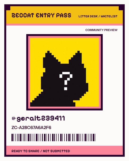 A 'ZEDGOAT ENTRY PASS' for Community Preview, registered to user @geralt839411 with a pixelated cat silhouette and question mark on a yellow background.