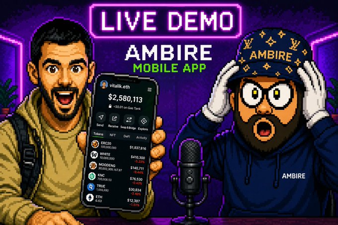 A pixel art promotional thumbnail for a 'LIVE DEMO' of the 'AMBIRE MOBILE APP' featuring two cartoon characters and a smartphone displaying crypto portfolio tokens including ERC20, White, MODENG, KNC, TRX, and ETH.