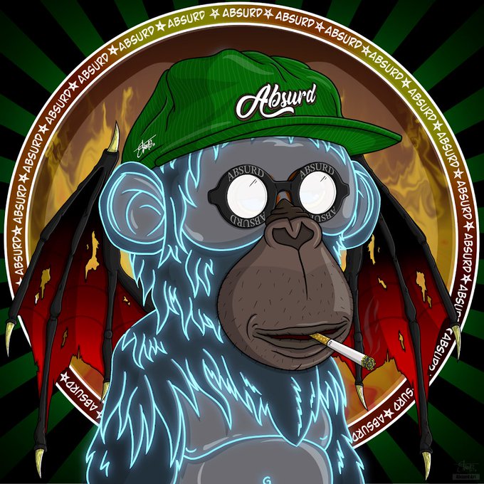A detailed digital illustration of a glowing blue gorilla wearing a green 'Absurd' baseball cap, round glasses reflecting 'ABSURD' text, and smoking a cigarette, set against a fiery background with bat-like wings, surrounded by 'ABSURD' text borders.