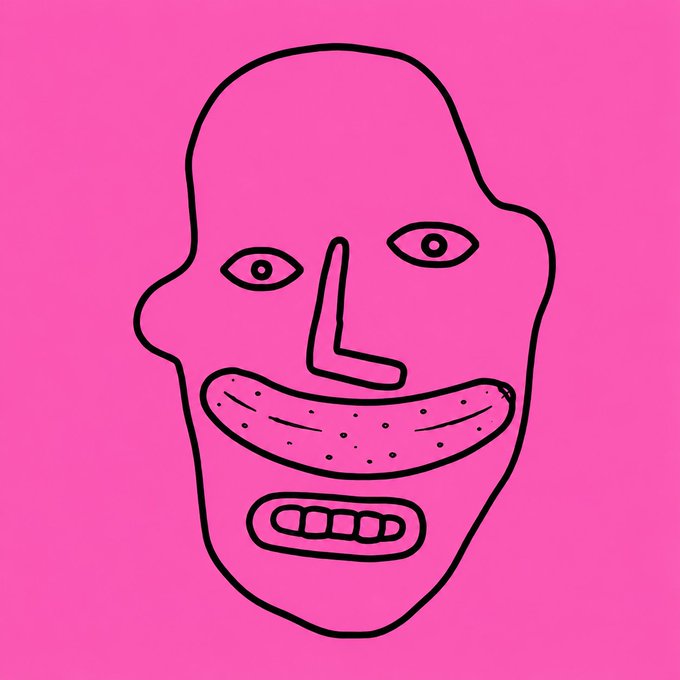 A simple, crude black-line drawing of a face with wide eyes, a long nose, and a wide smile showing teeth, drawn on a bright pink background.