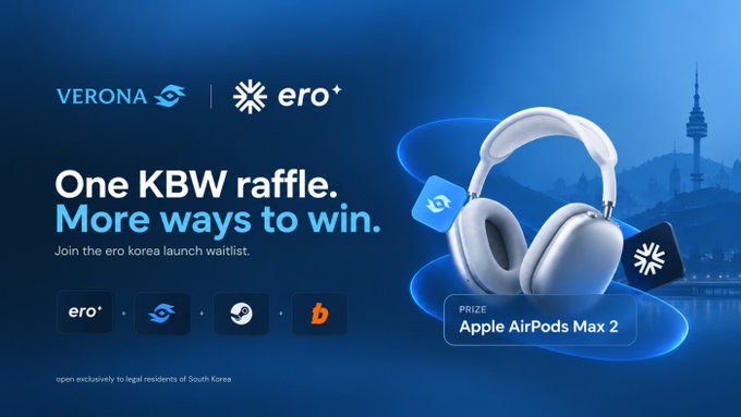 The image is a promotional banner for the Ero Korea launch raffle, featuring the Verona and Ero logos, with text reading "One KBW raffle. More ways to win. Join the ero korea launch waitlist." and showcases Apple AirPods Max 2 as the prize, while displaying partner logos (Ero, Steam, Bithumb) and noting it is open exclusively to legal residents of South Korea.