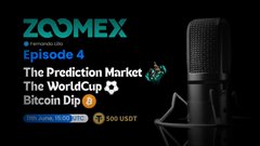 The image features a microphone, likely a podcast recording device, placed against a black background. The microphone appears to be turned off or muted, indicating that no audio is currently being played. Above the microphone, there's text displayed which reads "ZOOMEX Episode 4: The Prediction Market - The World Cup Bitcoin Dip". This suggests that the image might be related to a podcast episode discussing the topic of predicting market trends and its connection to the World Cup.