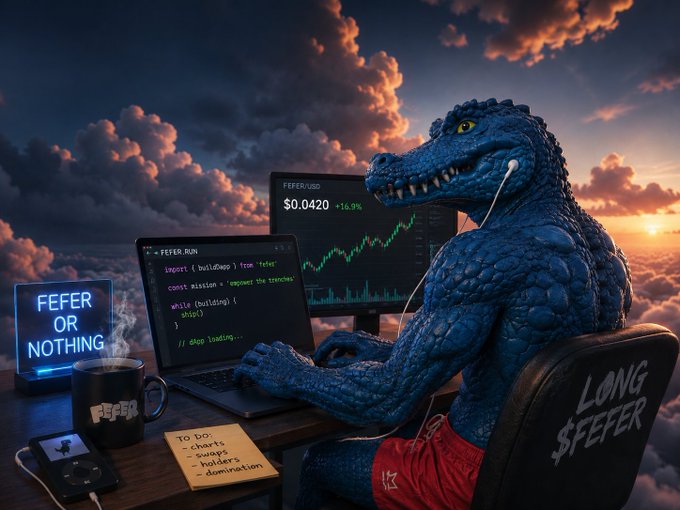 A digital illustration of a blue reptilian monster wearing red shorts and earphones, sitting at a desk typing on a laptop with a 'FEFERBLUND' stock chart showing $0.0420 (+16.9%) on the monitor, with a neon sign reading 'FEFER OR NOTHING' and 'LONG $FEFER' on the chair.