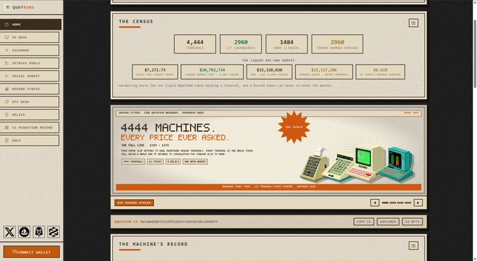 The image shows the Quotrons homepage displaying market data including 4,444 quote machines sold, 2,960 ETH deposited, 1,484 points burned, and 2,960 tokens burned, with a banner reading "4444 MACHINES EVERY PRICE EVER ASKED."

This visual directly supports the post's description of Quotrons as a project tokenizing vintage Wall Street Quotron terminals, showing their sales metrics and ecosystem dashboard on the RH Chain.
