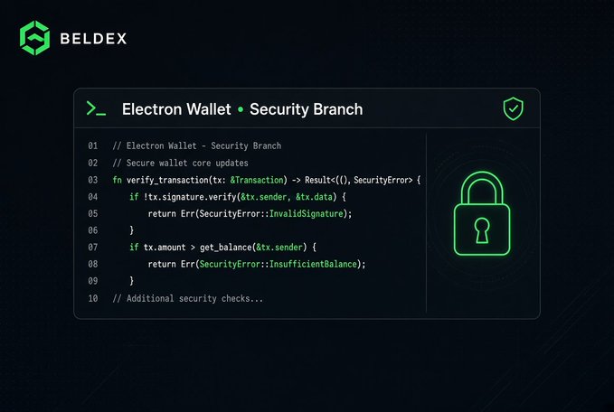 A code snippet titled 'BELDEX Electron Wallet • Security Branch' showing transaction verification with a green lock icon.