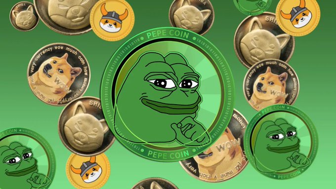 A collection of physical meme coin tokens featuring Pepe Coin, Dogecoin, and Shiba Inu designs scattered against a green background, visually representing the surge in memecoin market capitalization past $30 billion driven by $DOGE, $SHIB, and $PEPE.