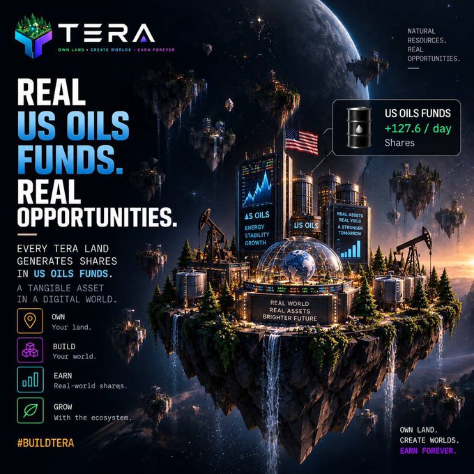 A futuristic advertisement for TERA reads “REAL US OILS FUNDS. REAL OPPORTUNITIES.” and “#BUILDTOERA,” showing floating landmasses with oil facilities, a U.S. flag, and a panel reading “US OILS FUNDS +127.6 / day Shares.”