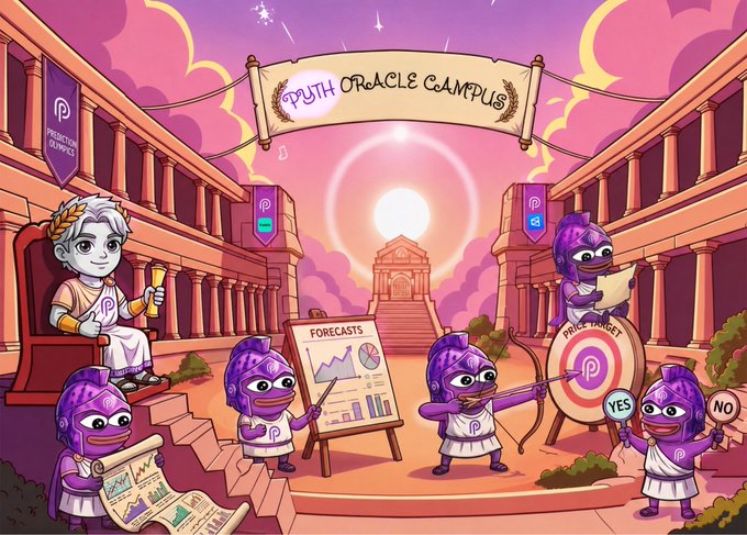 The image features a cartoon illustration of a cartoon classroom set against a sunset with clouds, as well as a fantasy-like game board with figures dressed in robes holding weapons. The characters are interacting with each other and exploring various aspects of the classroom setting. A banner on the wall reads "PythOracleCampus".