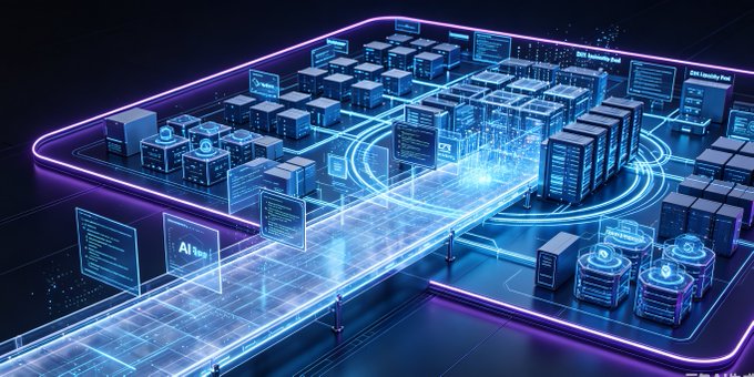 A futuristic neon-lit data center or smart city rendering with blue and purple holographic displays and server racks.