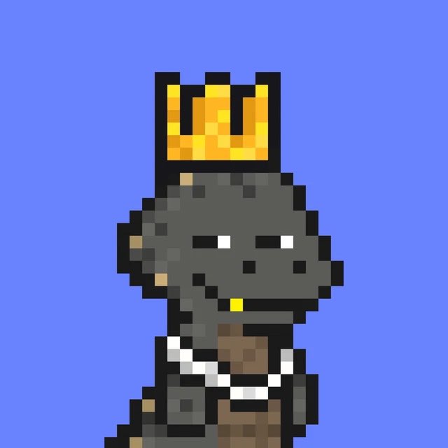 A pixel art image of a dark gray cat with a golden crown on its head against a blue background.