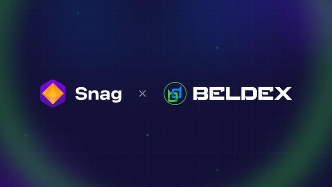 A dark blue graphic showing a partnership or collaboration between 'Snag' and 'BELDEX' with their respective logos.