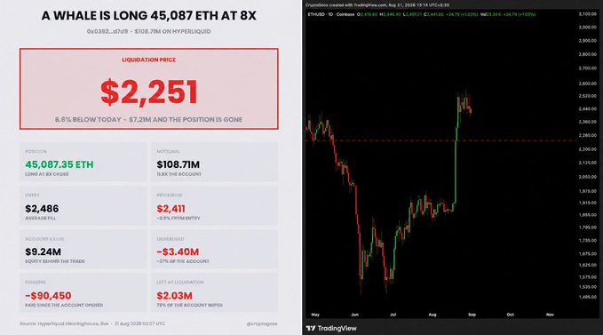 The image displays a trading dashboard from Hyperliquid showing a whale's massive long position of 45,087.35 ETH ($108.71M) at 8x leverage, with a liquidation price of $2,251 and an unrealized loss of -$3.40M, alongside an ETH/USD candlestick chart on TradingView. This visualizes the high-stakes leveraged bet referenced in the post, illustrating the risky "Stupid or Genius?" gamble with key metrics like entry price ($2,486) and 6.6% proximity to liquidation.