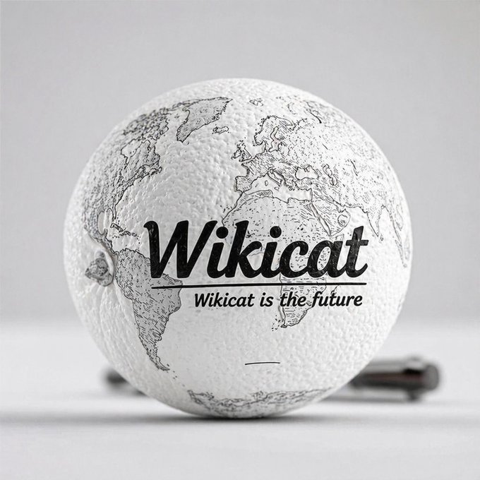 A 3D render of a white sphere textured with a world map, bearing the text 'Wikicat' and the slogan 'Wikicat is the future'.
