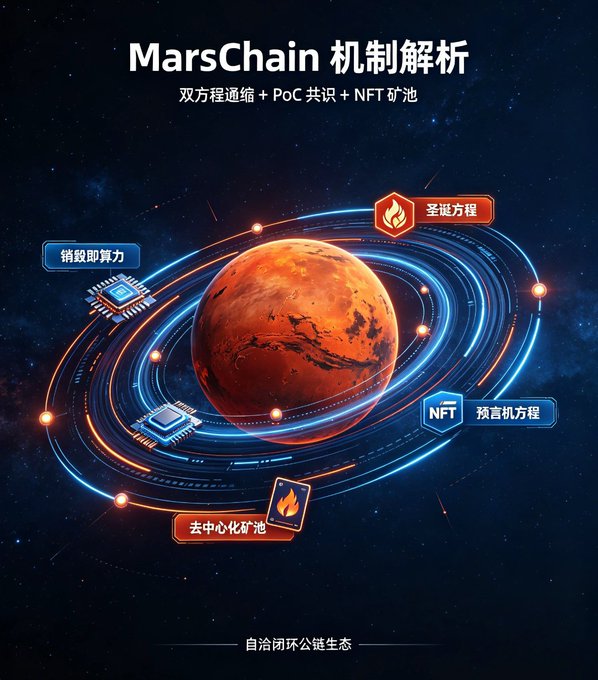 The image is a stylized infographic for "MarsChain 机制解析" (MarsChain Mechanism Analysis), featuring a red, Mars-like planet surrounded by glowing orbital rings labeled with key components: "销毁即算力" (Burn = Computing Power), "圣匙方程" (Sacred Key Equation), "NFT 预言机方程" (NFT Oracle Equation), and "去中心化矿池" (Decentralized Mining Pool), with the tagline "自治闭环公链生态" (Autonomous Closed-Loop Public Chain Ecosystem). It visually illustrates the post's description of MarsChain's innovative dual-equation deflationary model, PoC consensus, and self-sustaining ecosystem.