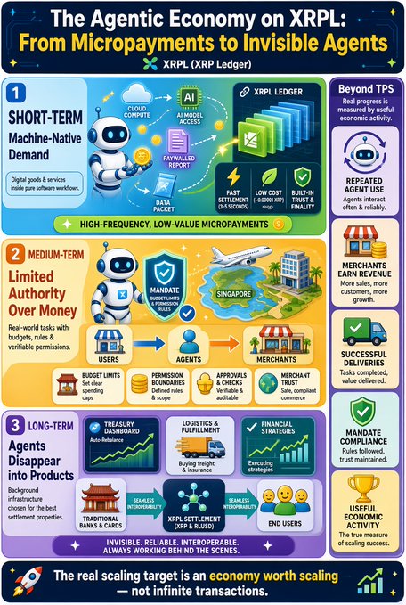 The image is an infographic titled "The Agentic Economy on XRPL: From Micropayments to Invisible Agents" featuring the XRP (XRP Ledger) logo, which outlines a three-phase roadmap—short-term machine-native demand, medium-term limited authority over money (including a Singapore reference), and long-term agents disappearing into products—highlighting metrics like ~3-second settlement, sub-$0.001 fees, and themes of merchant trust, financial strategies, and seamless interoperability, concluding that "the real scaling target is an economy worth scaling — not infinite transactions."