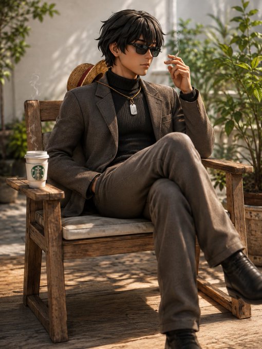 An anime-style illustration of a young man with dark hair and sunglasses, wearing a brown suit and turtleneck, sitting in a wooden chair with a Starbucks cup and smoking a cigarette.