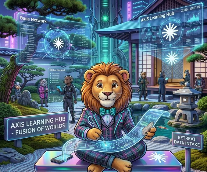 An illustrated scene titled 'AXIS LEARNING HUB - FUSION OF WORLDS' featuring an anthropomorphic lion in a plaid suit working on holographic data interfaces, with a sign reading 'RETREAT DATA INTAKE' and dates '2080 - OCT 15'.