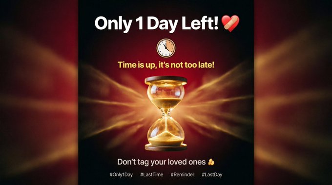 An hourglass-themed reminder reads “Only 1 Day Left! 💝” and “Time is up, it’s not too late!” above a glowing hourglass, with “Don’t tag your loved ones 🤭” and hashtags #Only1Day #LastTime #Reminder #LastDay—matching the post’s final-day urgency for the @CadeMarket Meme Madness registration.