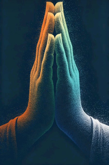 Two hands held together in prayer, illuminated by warm orange and cool teal light, with particles of dust or light scattered in the air against a dark background.