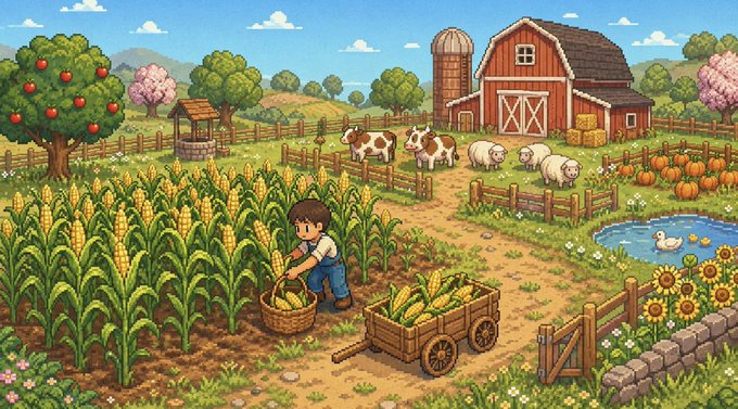 A colorful pixel art illustration depicts a farm scene with a child harvesting corn, surrounded by cows, sheep, a barn, apple trees, and a pond with ducks.