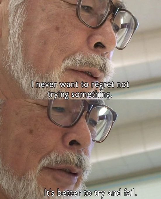 Two close-up frames of an elderly man with glasses and a beard, with subtitles reading 'I never want to regret not trying something' and 'It's better to try and fail.'