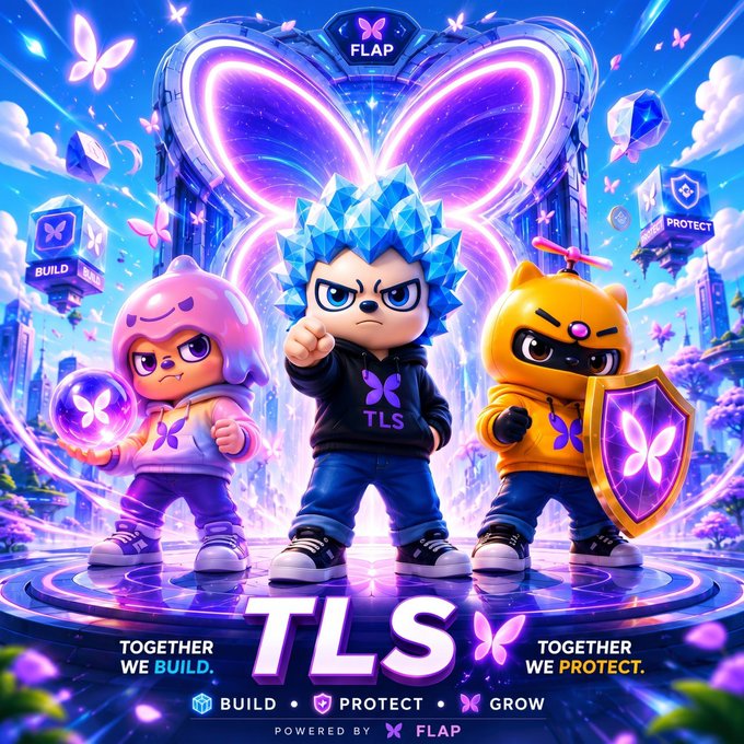 The image features a poster with three cartoon characters standing next to each other against a blue background adorned with purple butterflies. The text on the poster reads "TLS Keep moving forward, building the community through the waves and sands, only like-minded souls remain Don't dwell on the present, lock in on the goal, to travel light and journey together to the horizon Built from Community." This message emphasizes the importance of unity and collaboration within the community.