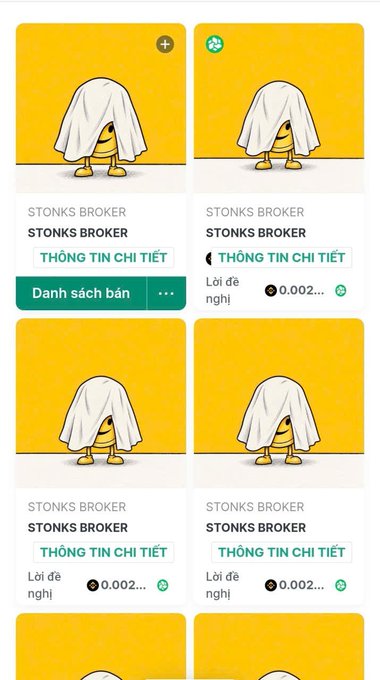 A mobile app interface showing four identical 'STONKS BROKER' cards featuring a figure under a white sheet, with Vietnamese text 'THÔNG TIN CHI TIẾT' (Detailed Information) and 'Danh sách bán' (Sale list).