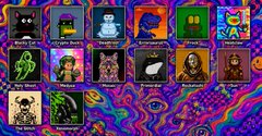 The image displays a collection of pixel-art style NFT thumbnails titled "ROCK GUARDIANS," featuring various character and object designs, directly corresponding to the post's mention of minting 11 Rock Guardians NFTs.