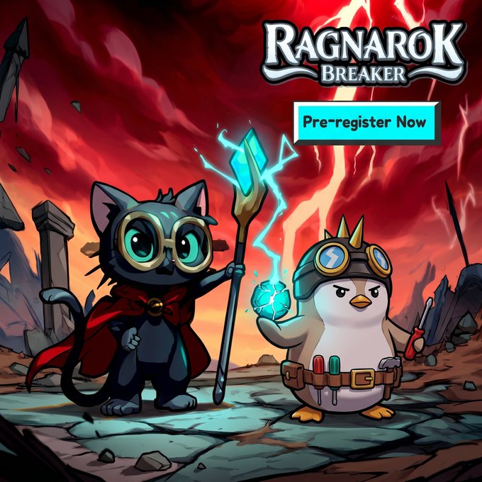 The image features a cartoon penguin and a cat, both dressed in costumes, standing next to each other with a banner that says "Pre-register now!". The background of the image shows a red sky with lightning bolts, creating an intense atmosphere. The text on the image suggests that the game is called "Ragnarok Breaker" from the Nine Chronicles and is about to launch soon. There are also mentions of rewards for pre-registration in the post.