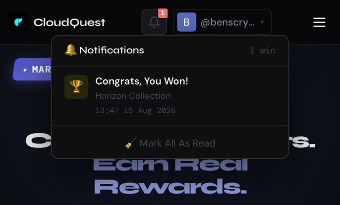 A screenshot of the 'CloudQuest' platform displays a notification popup saying 'Congrats, You Won! Horizon Collection' at 13:47 on 15 Aug 2026, for the user account '@benscry...'.