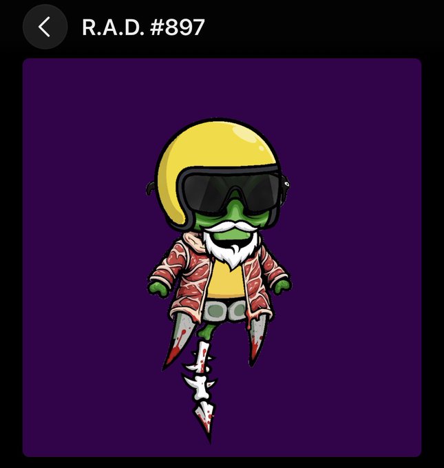 An NFT profile page shows 'R.A.D. #897', depicting a green cartoon character wearing a yellow helmet, sunglasses, and a red jacket with bone-like accessories.