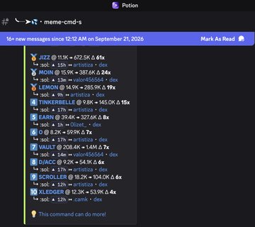 A Discord bot message showing the top 10 memecoins with tickers including JIZZ, BOBO, LEMON, TINNEFFEL, EARN, WORM, VAULT, BIACC, SCROLLER, and KLEDGER, posted on September 21, 2026.