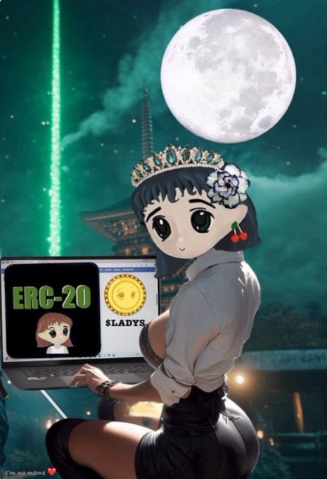 Anime-style illustration of a girl wearing a crown and cherry hair clip, holding a laptop displaying 'ERC-20' and a '$LADYS' coin logo with a full moon in the background.