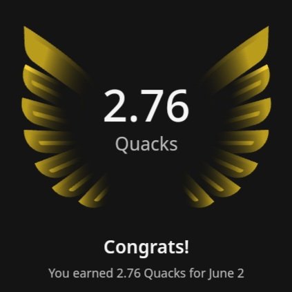 The image features a gold-colored bird's wing with the text "Congratulations! You earned 2.76 Quacks for @wallchain in one day!" The bird's wings are spread out, emphasizing the achievement of earning 2.76 Quacks within 24 hours.