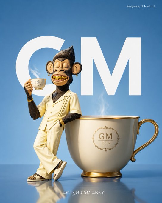 The image features a cartoon monkey holding a cup of coffee while standing next to a large white cup with gold trim. The background is blue, and there are words written above the monkey that say "gm", which could be interpreted as "Good morning" or "Can get a GM back?". This suggests that the image might be related to a post about mornings or productivity, possibly encouraging viewers to start their day with a cup of coffee and good habits.

The cartoon monkey is wearing a suit and tie, adding a touch of humor to the otherwise serious topic. The image also includes text elements such as "gm" and "@quipnetwork", which could be related to the post's content or the creator behind it. Overall, the image seems to convey a message about the importance of mornings and productivity in one's life.